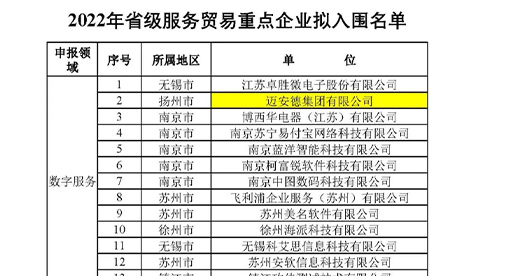 迈安德入围2022年省级服务贸易重点企业